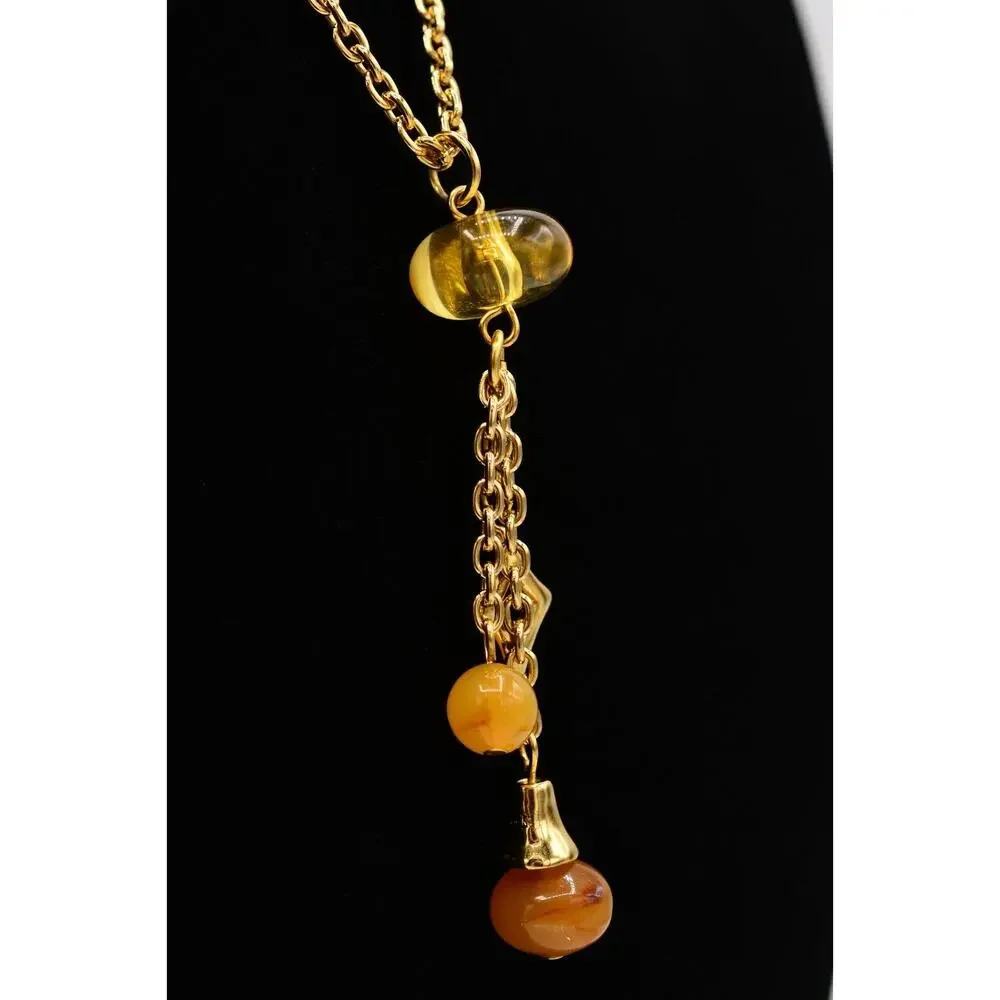 Givenchy 1980s Cabochon Charm Beaded Tassel Necklace Gold Signed Vintage BinR